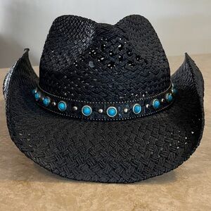Shyanne Black Woven Cowboy Hat w/ Faux Turquoise Accents Adjustable OSFM